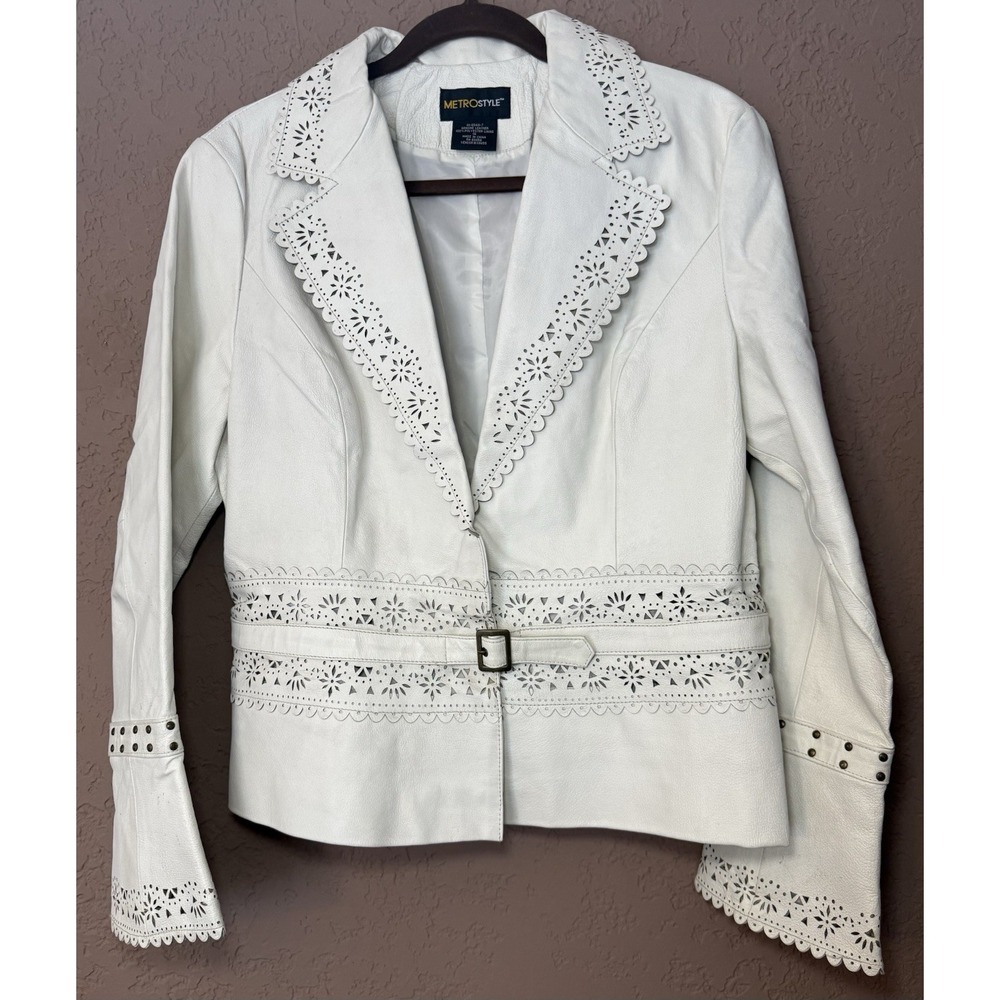 Metrostyle White VTG Leather Women Blazer Laser Cut Detail Bell Sleeve W Belt 14